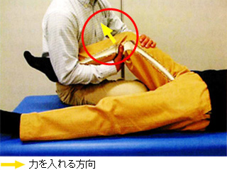 写真：膝関節(ひざかんせつ)を伸ばすための他動運動