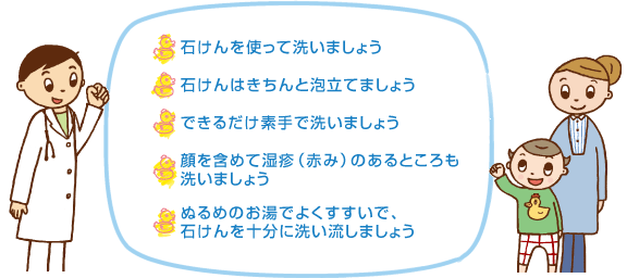 石けんを使って洗いましょう
石けんはきちんと泡立てましょう
できるだけ素手で洗いましょう
顔を含めて湿疹（赤み）のあるところも洗いましょう
温めのお湯でよくすすいで、石けんを十分に洗い流しましょう