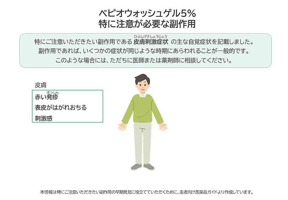 ベピオウォッシュゲル5%の特に注意が必要な副作用は皮膚刺激症状です。赤い発疹、表皮がはがれおちる、刺激感などがあらわれた場合には、ただちに医師または薬剤師に相談してください。