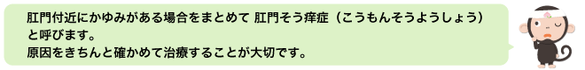肛門付近にかゆみがある場合をまとめて肛門そう痒症（こうもんそうようしょう）と呼びます。原因をきちんと確かめて治療することが大切です。