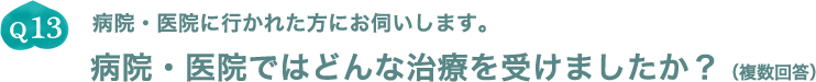 Q13.病院・医院に行かれた方にお伺いします。病院・医院ではどんな治療を受けましたか？（複数回答）