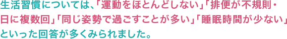 生活習慣については、「運動をほとんどしない」「排便が不規則・日に複数回」「同じ姿勢で過ごすことが多い」「睡眠時間が少ない」といった回答が多くみられました。