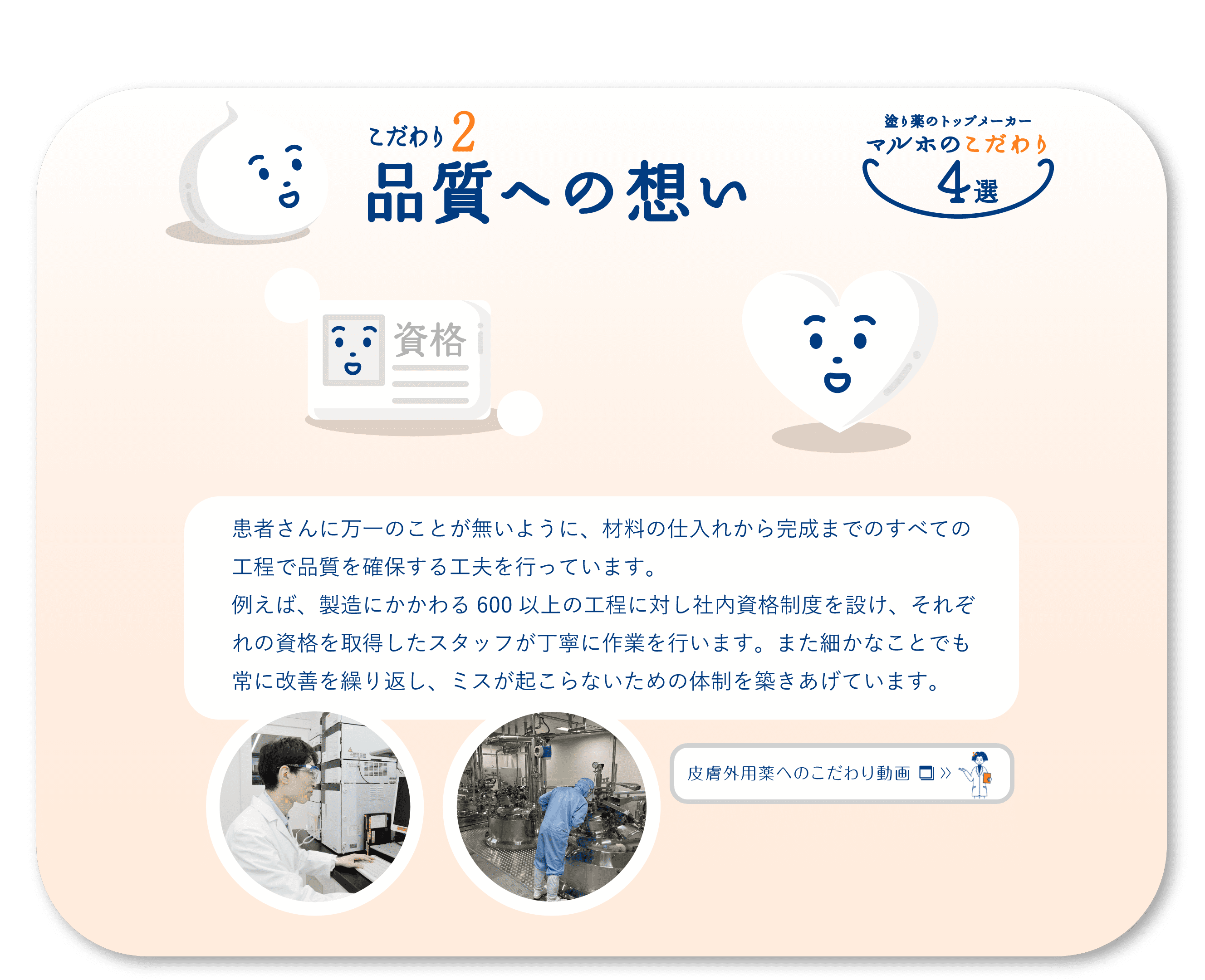 こだわり2　品質への想い　患者さんに万一のことが無いように、材料の仕入れから完成までのすべての工程で品質を確保する工夫を行っています。例えば、製造にかかわる600以上の工程に対し社内資格制度を設け、それぞれの資格を取得したスタッフが丁寧に作業を行います。また細かなことでも常に改善を繰り返し、ミスが起こらないための体制を築きあげています。