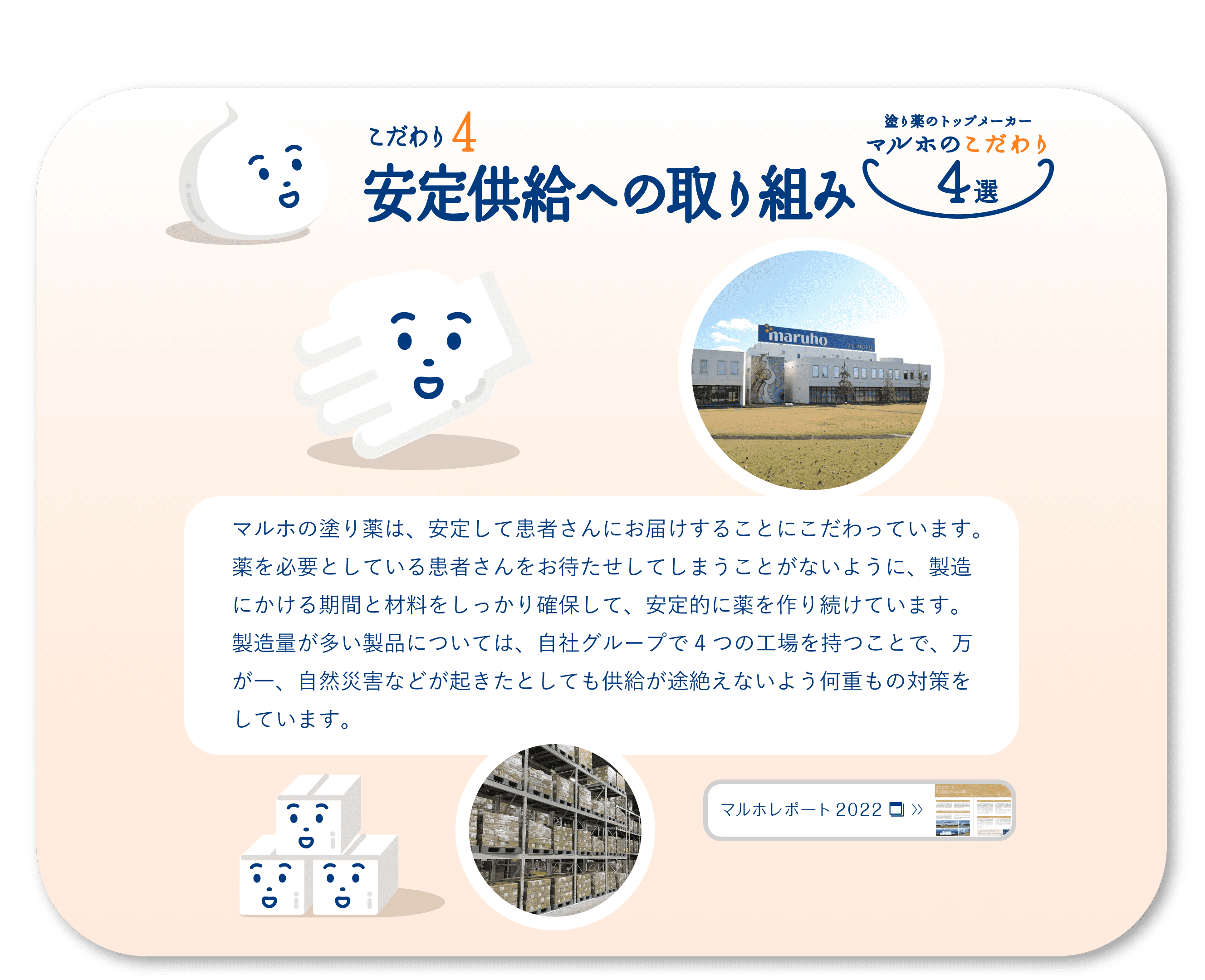 こだわり4　安定供給への取り組み　マルホの塗り薬は、安定して患者さんにお届けすることにこだわっています。薬を必要としている患者さんをお待たせしてしまうことがないように、製造にかける期間と材料をしっかり確保して、安定的に薬を作り続けています。製造量が多い製品については、自社グループで4つの工場を持つことで、万が一、自然災害などが起きたとしても供給が途絶えないよう何重もの対策をしています。