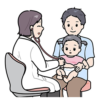 親が幼児を抱っこして医師に説明を受ける場面