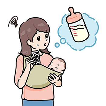 薬を飲むことに対して悩む授乳婦（ミルクを思い浮かべる）