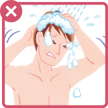 イラスト：洗い流す際、お薬が目に入らないように、ご注意ください。