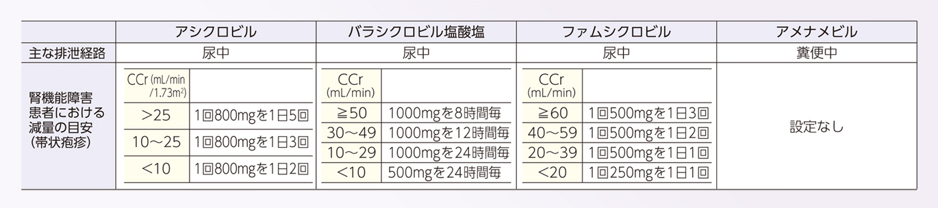 帯状疱疹治療に用いる経口抗ヘルペスウイルス薬 一覧表