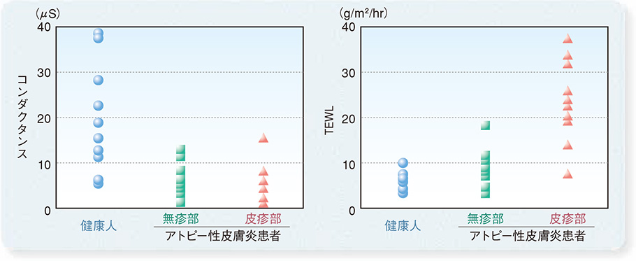 図4：アトピー性皮膚炎患者と健康人の角層水分量（左図）およびTEWL（右図）（出典27 一部改変）