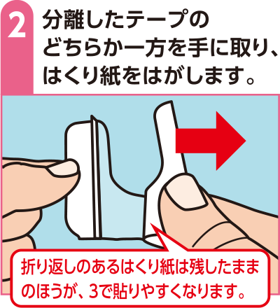 分離したテープのどちらか一方を手に取り、はくり紙をはがします。