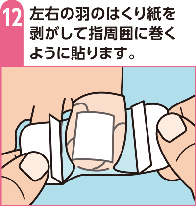 左右の羽のはくり紙を剥がして指周囲に巻くように貼ります。