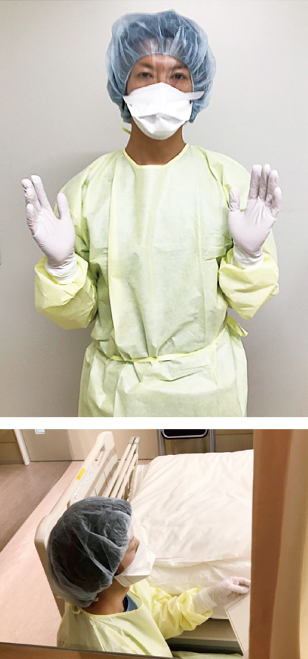 図2:COVID-19入院患者に対する防護具着用と服薬指導の様子