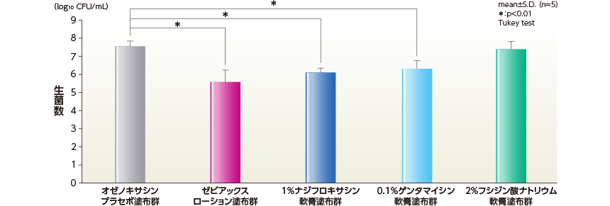 MSSA株を用いた熱傷皮膚感染モデルに対するオゼノキサシンの菌数減少効果 （マウス）