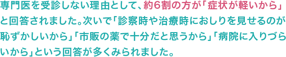 専門医を受診しない理由として、約6割の方が「症状が軽いから」と回答されました。次いで「診察時や治療時におしりを見せるのが恥ずかしいから」「市販の薬で十分だと思うから」「病院に入りづらいから」という回答が多くみられました。 専門医を受診しない理由として、約6割の方が「症状が軽いから」と回答されました。次いで「診察時や治療時におしりを見せるのが恥ずかしいから」「市販の薬で十分だと思うから」「病院に入りづらいから」という回答が多くみられました。